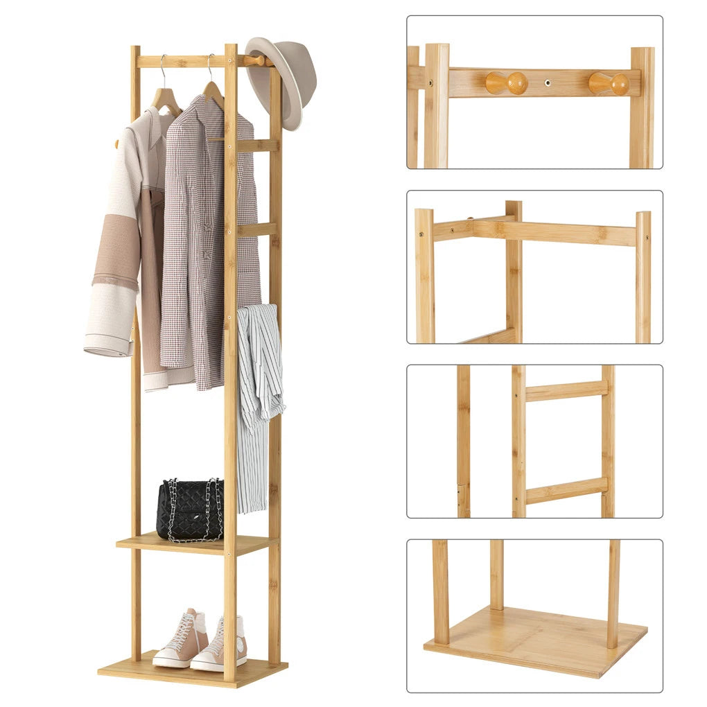 Bamboo Garment Clothes Rack , Shelf Hanging Hooks