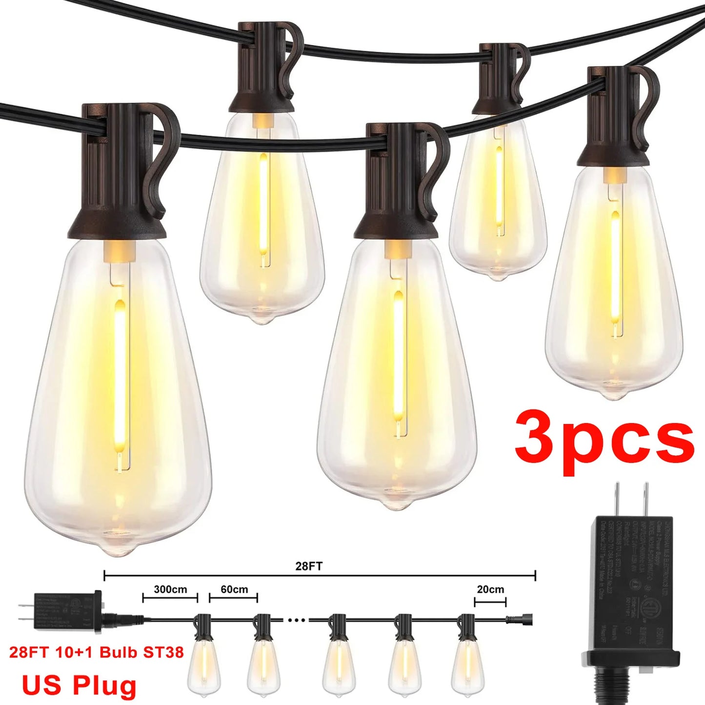 1/2/3pcs 28FT String Lights Outdoor, Patio Lights Garden Lamp