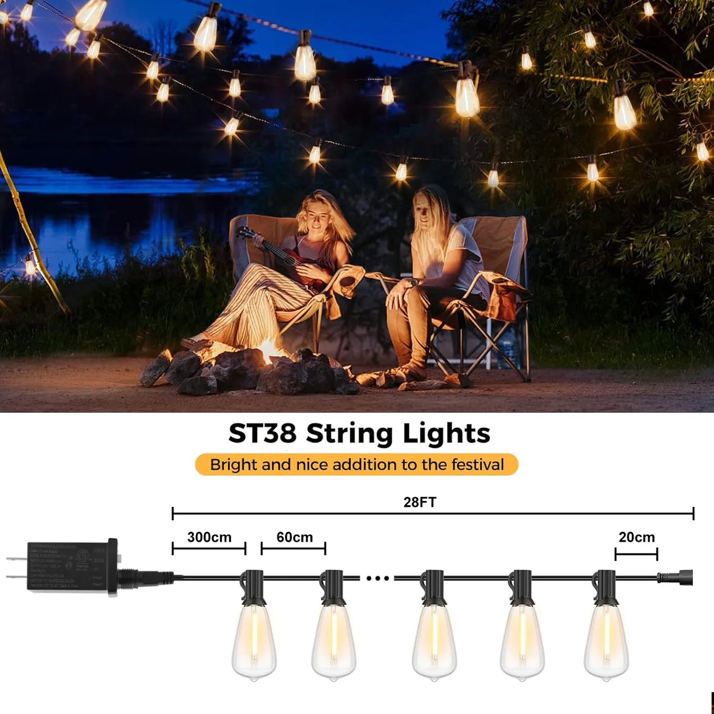 1/2/3pcs 28FT String Lights Outdoor, Patio Lights Garden Lamp
