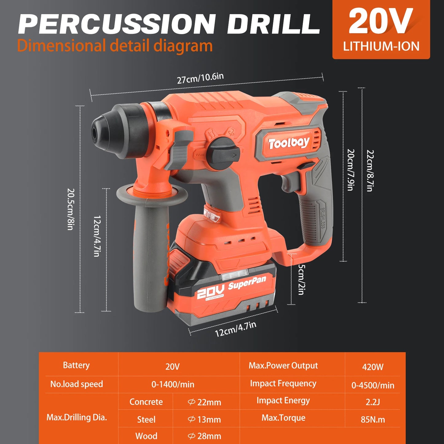Superpan cordless Impact drill 20V, Battery for Electric Drill
