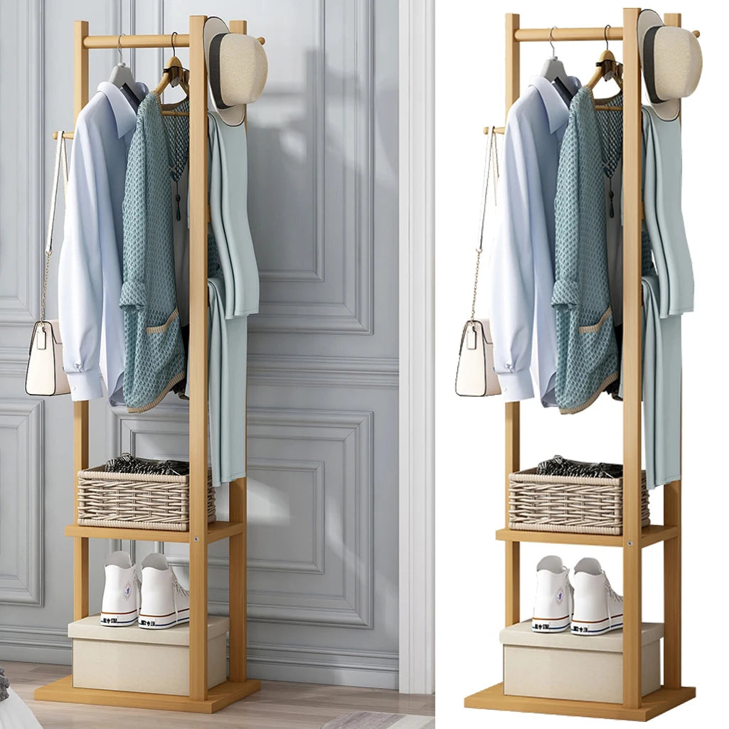 Bamboo Garment Clothes Rack , Shelf Hanging Hooks