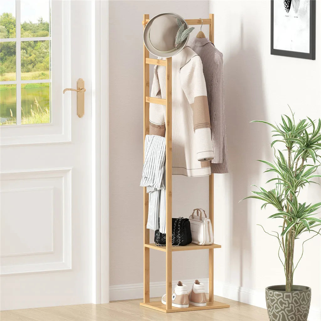 Bamboo Garment Clothes Rack , Shelf Hanging Hooks