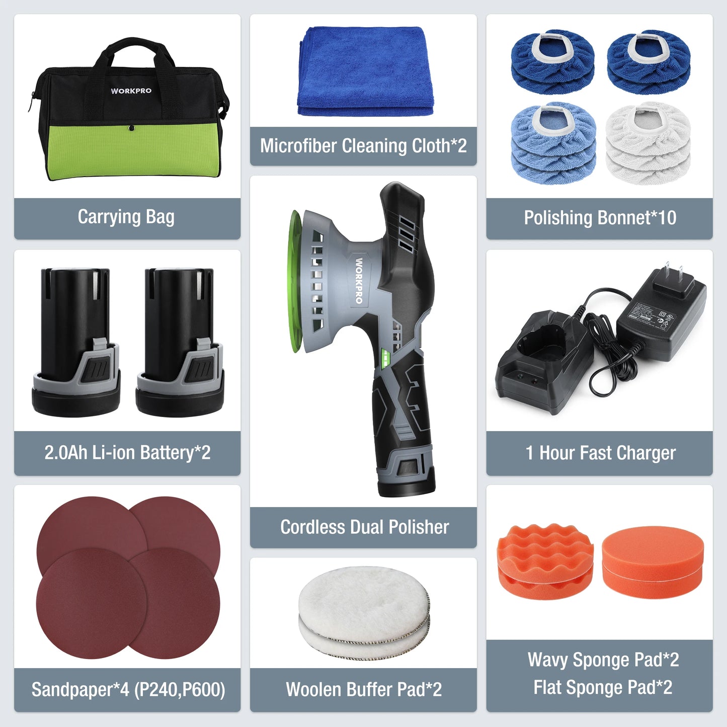 WORKPRO Cordless Car Polisher Detailing with 2 pcs 12V Rechargeable