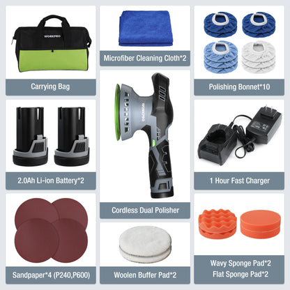 WORKPRO Cordless Car Polisher Detailing with 2 pcs 12V Rechargeable