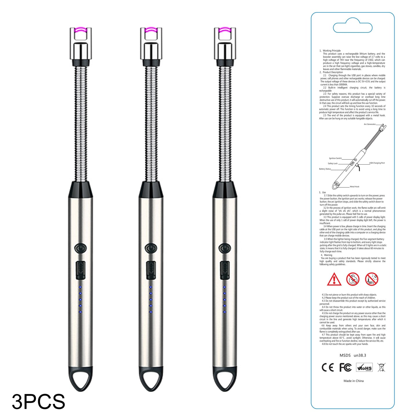 3pcs Rechargeable Electric Lighters, TYPE-C Windproof Arc