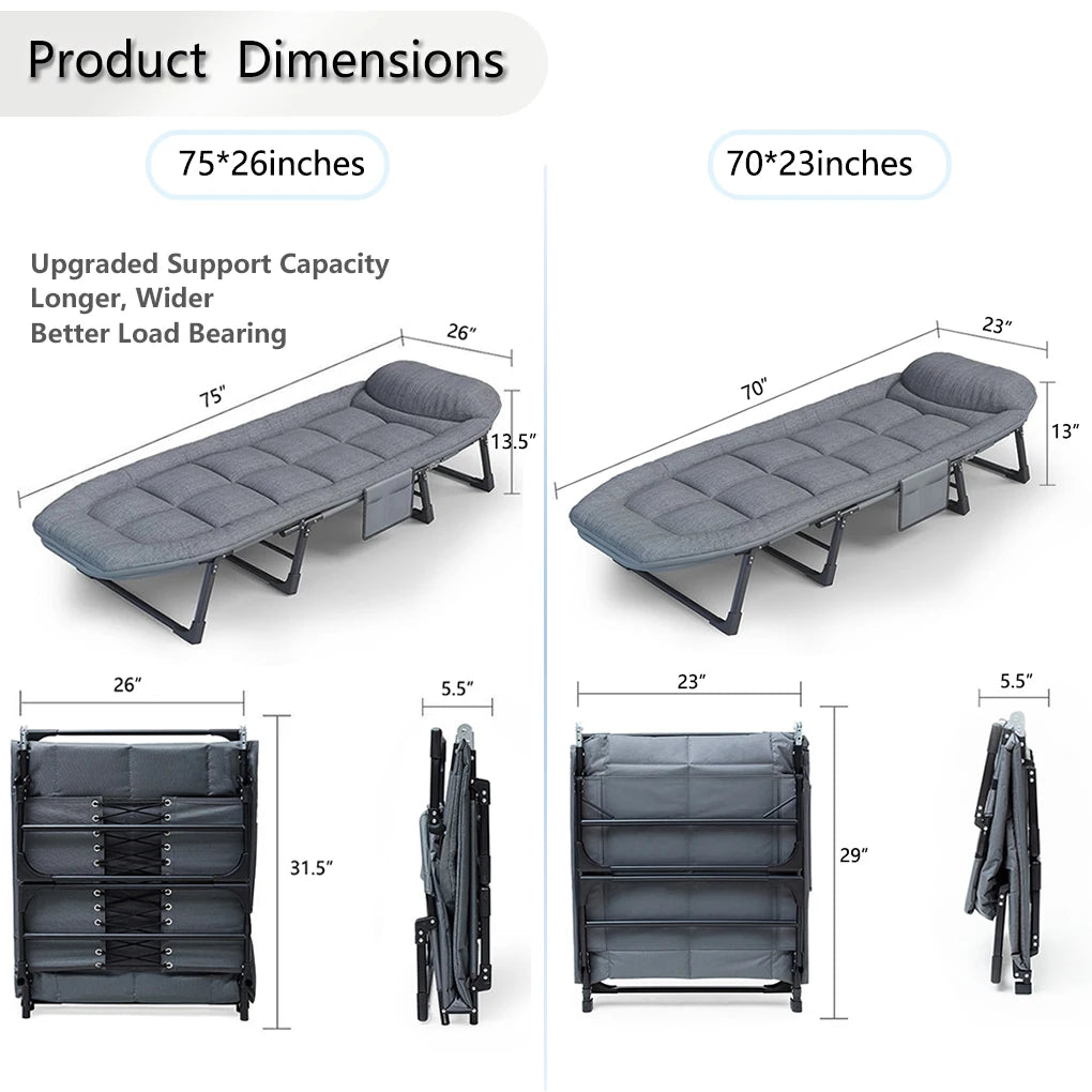 Sleeping Cot, 6 Positions, Portable & Foldable Bed, Mattress, Pillow,