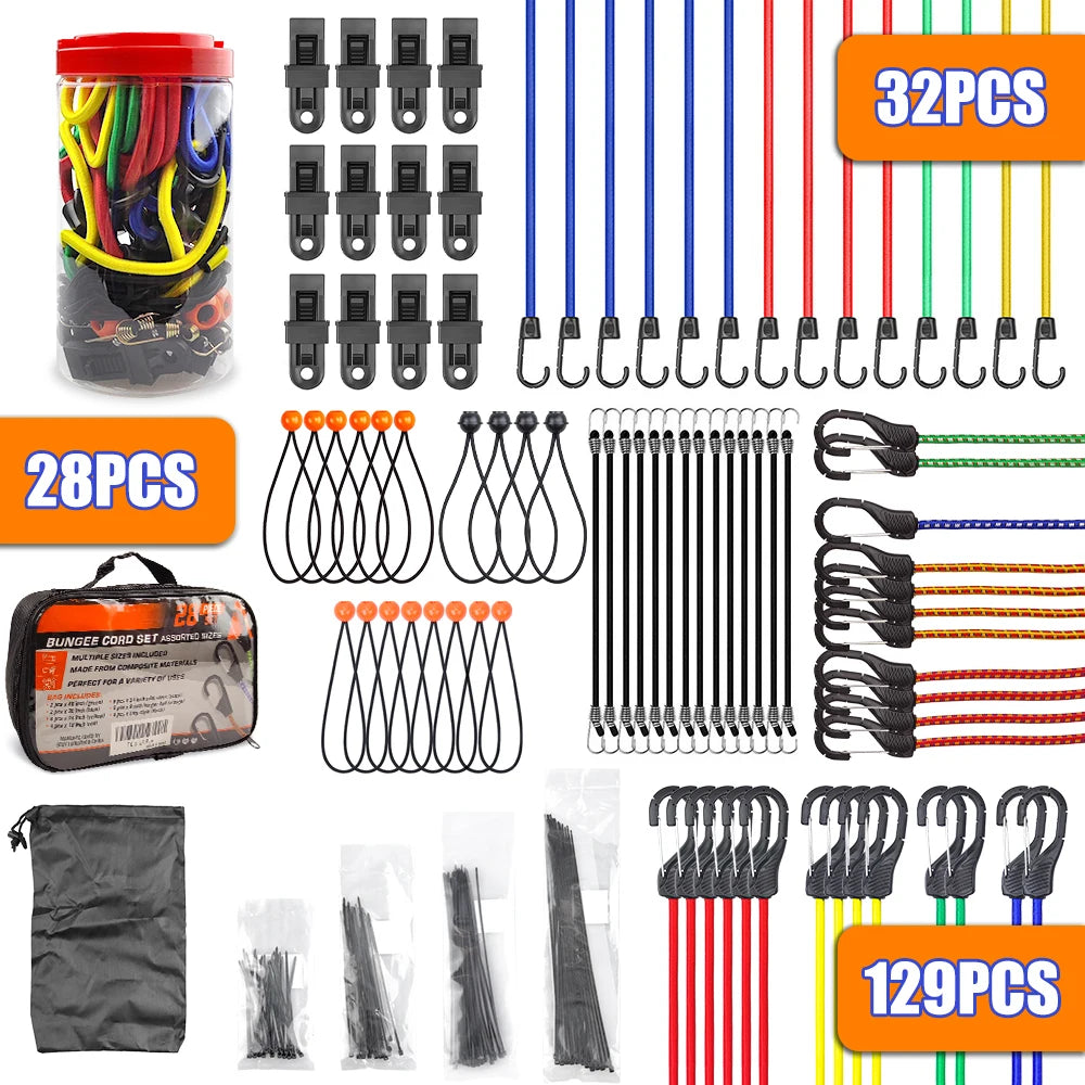 28pcs/32pcs/129pcs Bungee Cords Multiple lengths of Bungee Cord With Hooks, Ties