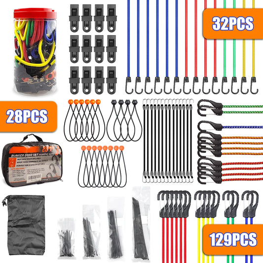28pcs/32pcs/129pcs Bungee Cords Multiple lengths of Bungee Cord With Hooks, Ties