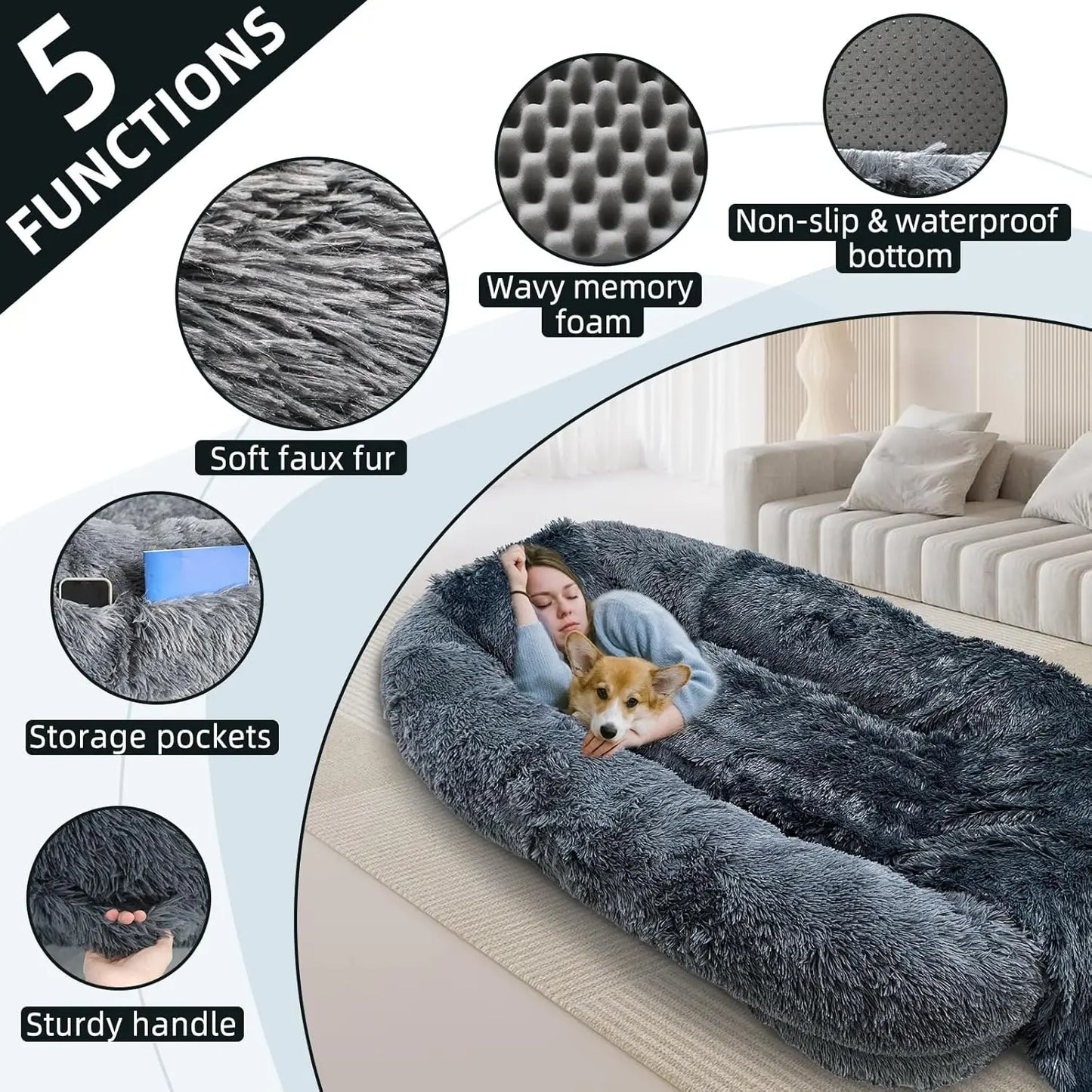 Dog/People Bed 74.8"x47.3"x13.8" Removable Washable Faux Fur