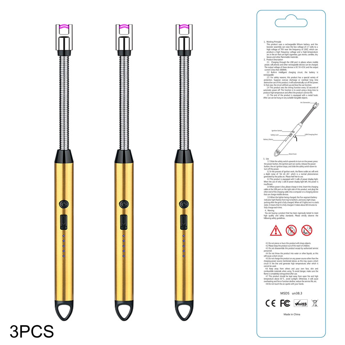 3pcs Rechargeable Electric Lighters, TYPE-C Windproof Arc
