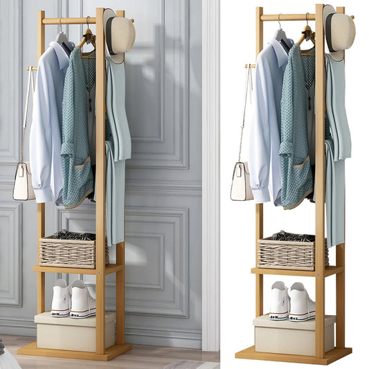 Bamboo Garment Clothes Rack , Shelf Hanging Hooks