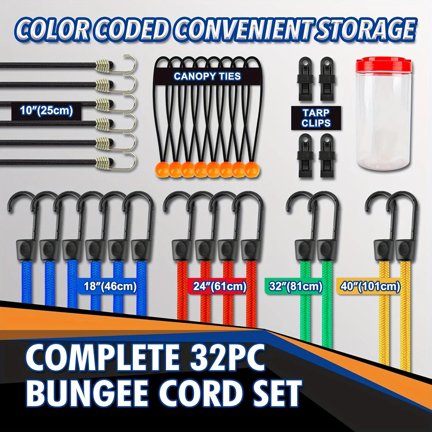 28pcs/32pcs/129pcs Bungee Cords Multiple lengths of Bungee Cord With Hooks, Ties